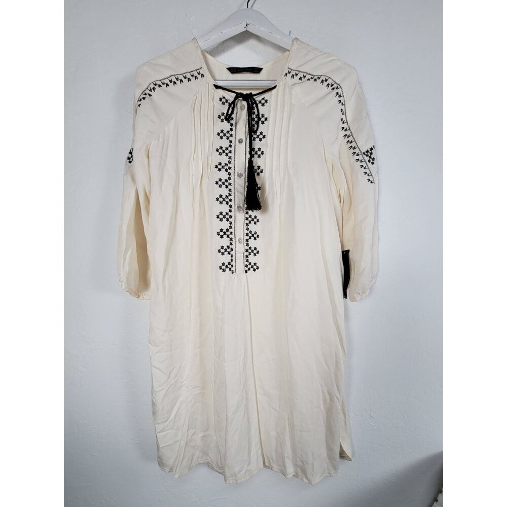 Zara Basic Embroidered Boho Peasant Tunic Dress Medium Cream 3/4 Sleeve New $59